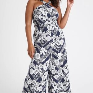 Anthropologie Floral Cross-Neck Jumpsuit - Navy and White